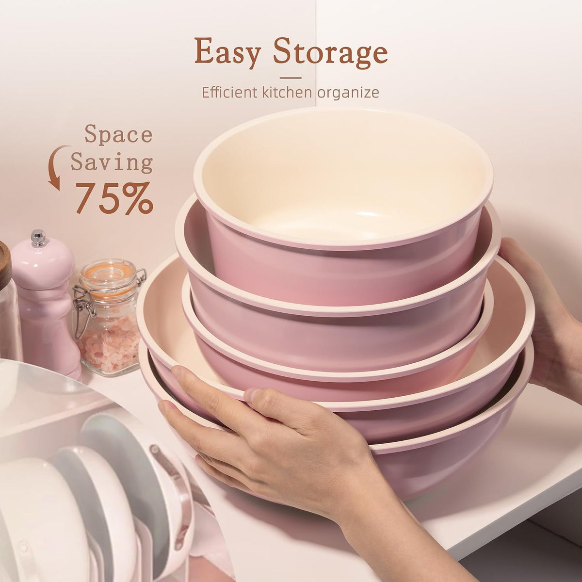 21 Pcs Pots and Pans Set Non Stick, Ceramic Cookware Set Detachable Handle, RV Kitchen Cooking Set Removable Handles, Oven Safe, Induction Ready, Stackable, Pink, Fathers Day Gift for Men