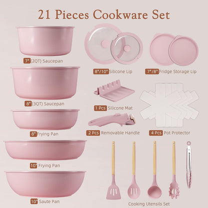 21 Pcs Pots and Pans Set Non Stick, Ceramic Cookware Set Detachable Handle, RV Kitchen Cooking Set Removable Handles, Oven Safe, Induction Ready, Stackable, Pink, Fathers Day Gift for Men