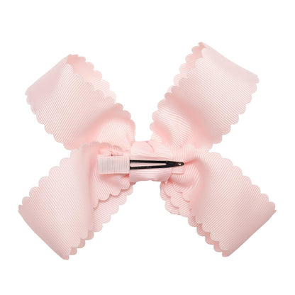 Girls' Grosgrain Scalloped Edge Bow with a Knot Wrap Center on a Clip, All Ages and Hair Types, 5 Inch Bow, Light Pink