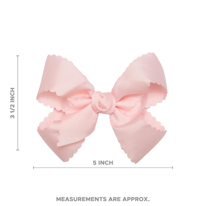 Girls' Grosgrain Scalloped Edge Bow with a Knot Wrap Center on a Clip, All Ages and Hair Types, 5 Inch Bow, Light Pink
