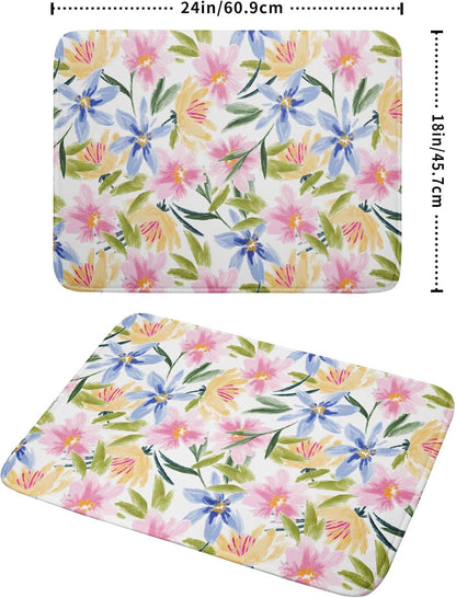 Spring Summer Floral Dish Drying Mat With Absorbent Reversible Microfiber Colorful Yellow Pink Blue Flowers Drying Mats 18 x 24 Inch Dish Drainer Mat Fast Dry For Kitchen Dining Room