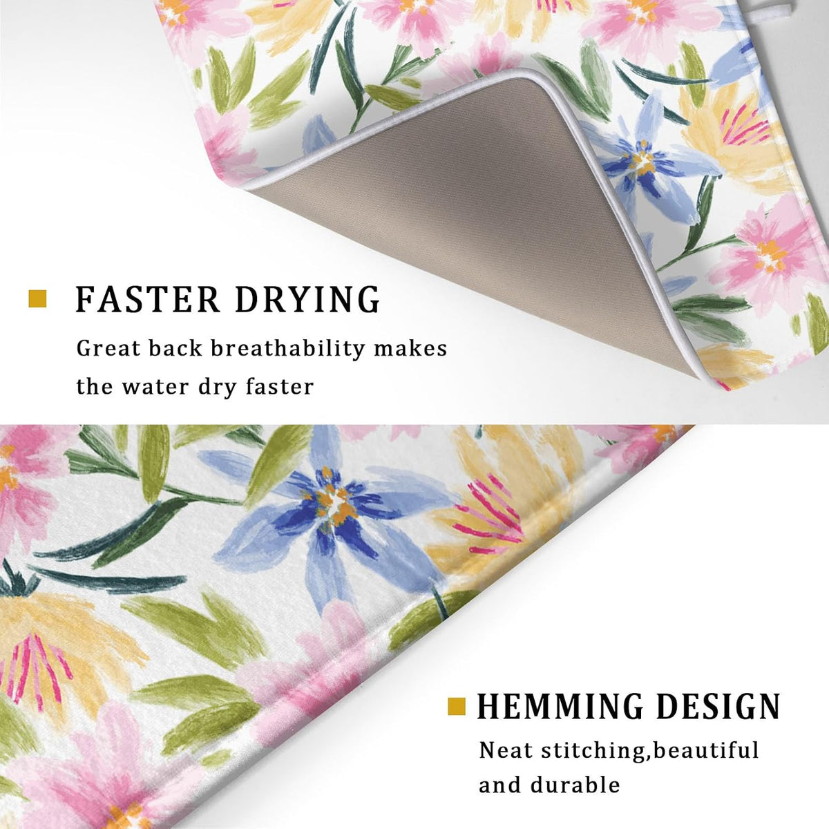 Spring Summer Floral Dish Drying Mat With Absorbent Reversible Microfiber Colorful Yellow Pink Blue Flowers Drying Mats 18 x 24 Inch Dish Drainer Mat Fast Dry For Kitchen Dining Room