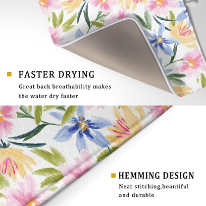 Spring Summer Floral Dish Drying Mat With Absorbent Reversible Microfiber Colorful Yellow Pink Blue Flowers Drying Mats 18 x 24 Inch Dish Drainer Mat Fast Dry For Kitchen Dining Room