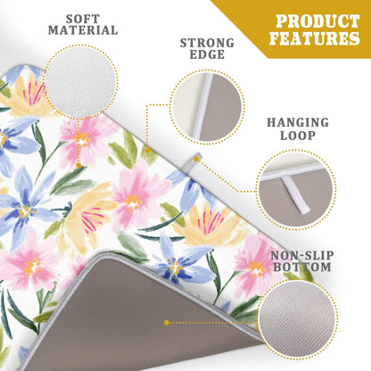 Spring Summer Floral Dish Drying Mat With Absorbent Reversible Microfiber Colorful Yellow Pink Blue Flowers Drying Mats 18 x 24 Inch Dish Drainer Mat Fast Dry For Kitchen Dining Room