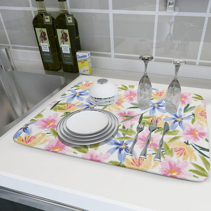 Spring Summer Floral Dish Drying Mat With Absorbent Reversible Microfiber Colorful Yellow Pink Blue Flowers Drying Mats 18 x 24 Inch Dish Drainer Mat Fast Dry For Kitchen Dining Room