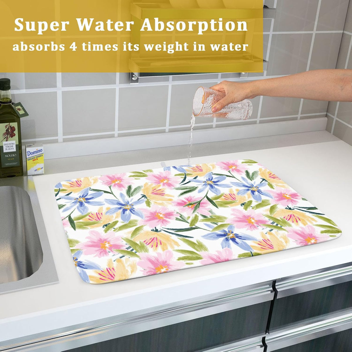 Spring Summer Floral Dish Drying Mat With Absorbent Reversible Microfiber Colorful Yellow Pink Blue Flowers Drying Mats 18 x 24 Inch Dish Drainer Mat Fast Dry For Kitchen Dining Room