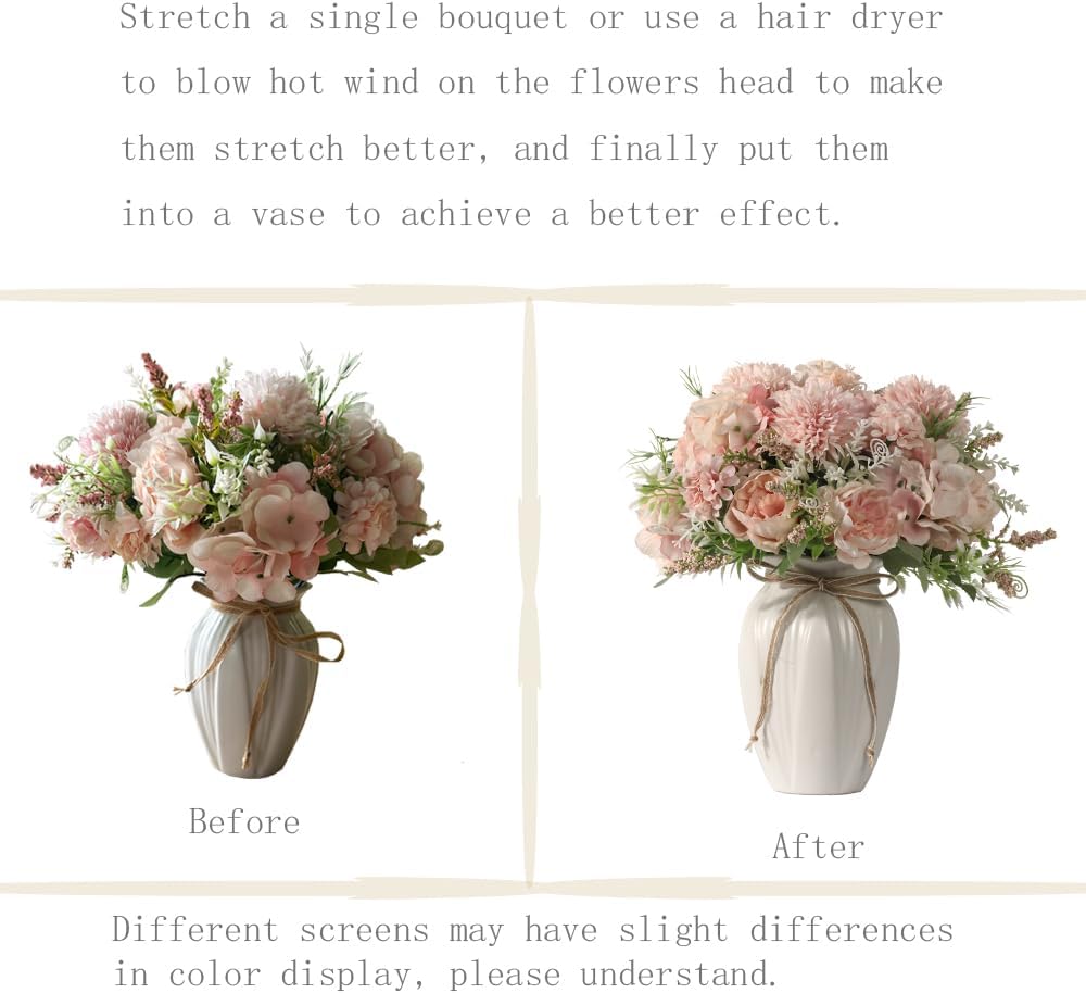 Peonies Artificial Flowers in Vase, Fake Hydrangea Silk Peony Flower Bouquet with Vase Faux Flowers Arrangement Decor Home Table Dining Room (Pink)