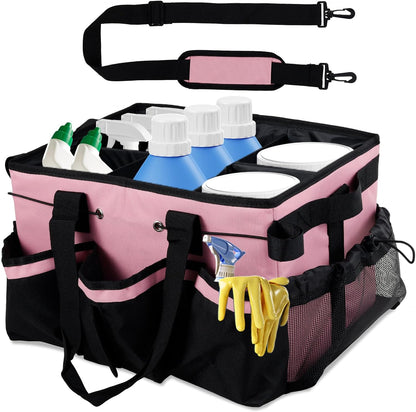 Cleaning Caddy Organizer with Handle & Shoulder Straps, Large Capacity Multiple Pockets Cleaning Tool Organizer Bag for Housekeepers, Under Sink & Car Cleaning Tool Organizer Bag (Pink)