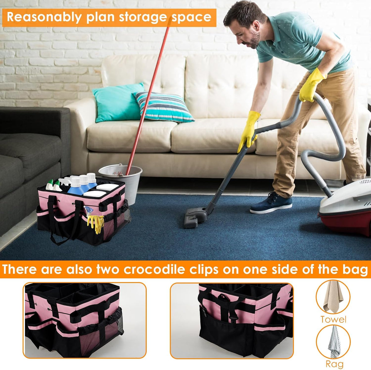 Cleaning Caddy Organizer with Handle & Shoulder Straps, Large Capacity Multiple Pockets Cleaning Tool Organizer Bag for Housekeepers, Under Sink & Car Cleaning Tool Organizer Bag (Pink)