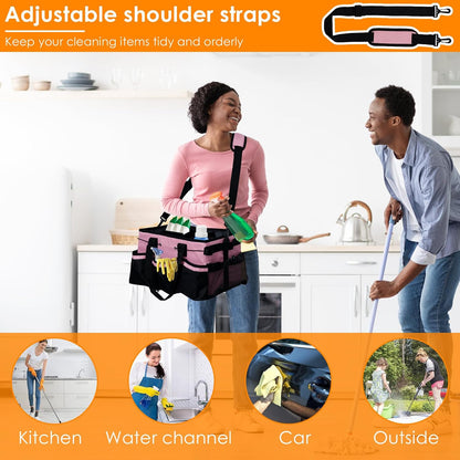 Cleaning Caddy Organizer with Handle & Shoulder Straps, Large Capacity Multiple Pockets Cleaning Tool Organizer Bag for Housekeepers, Under Sink & Car Cleaning Tool Organizer Bag (Pink)