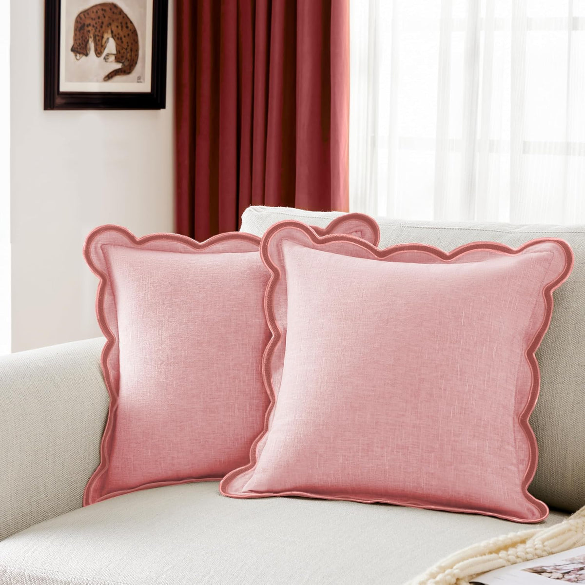 Scalloped Pillow Cover Pack of 2 Spring Chenille Decorative Throw Pillow Covers Cute Boho Couch Pillow Covers Aesthetic Funky Preppy Pillow Cases for Sofa Living Room (Blush Pink, 20x20 Inch)