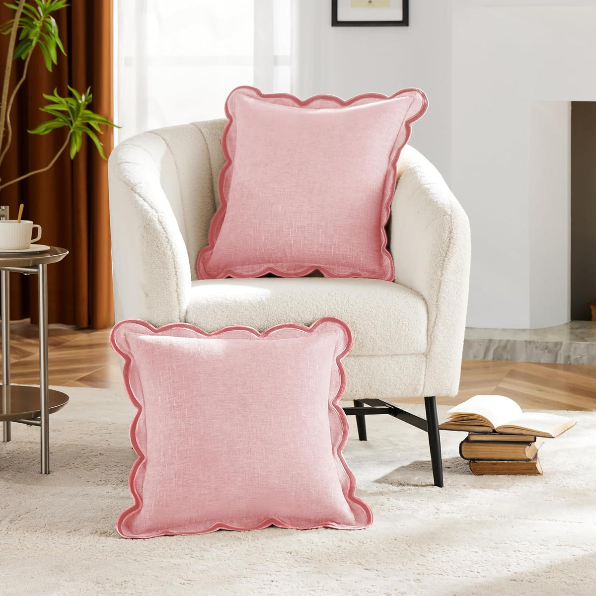 Scalloped Pillow Cover Pack of 2 Spring Chenille Decorative Throw Pillow Covers Cute Boho Couch Pillow Covers Aesthetic Funky Preppy Pillow Cases for Sofa Living Room (Blush Pink, 20x20 Inch)