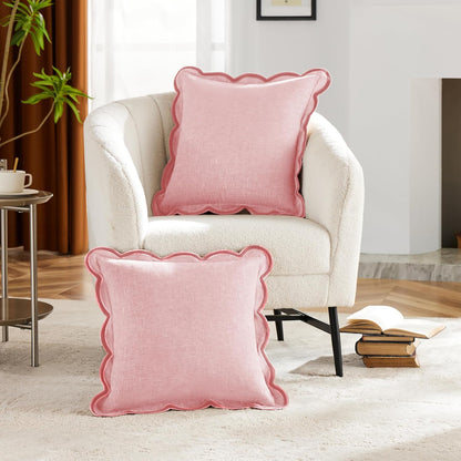 Scalloped Pillow Cover Pack of 2 Spring Chenille Decorative Throw Pillow Covers Cute Boho Couch Pillow Covers Aesthetic Funky Preppy Pillow Cases for Sofa Living Room (Blush Pink, 20x20 Inch)