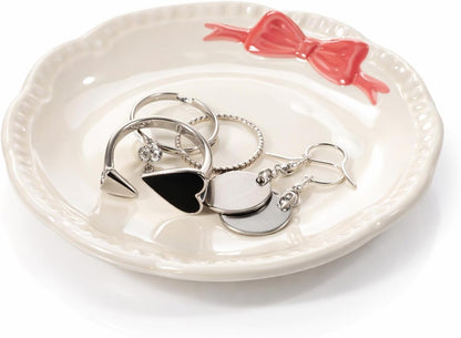 Small Jewelry Dish, Ceramic Ring Holder Dish, Ceramic Jewelry Tray, White with Pink Bow Jewelrys Holder for Women, Small Jewelrys Tray for Vanity