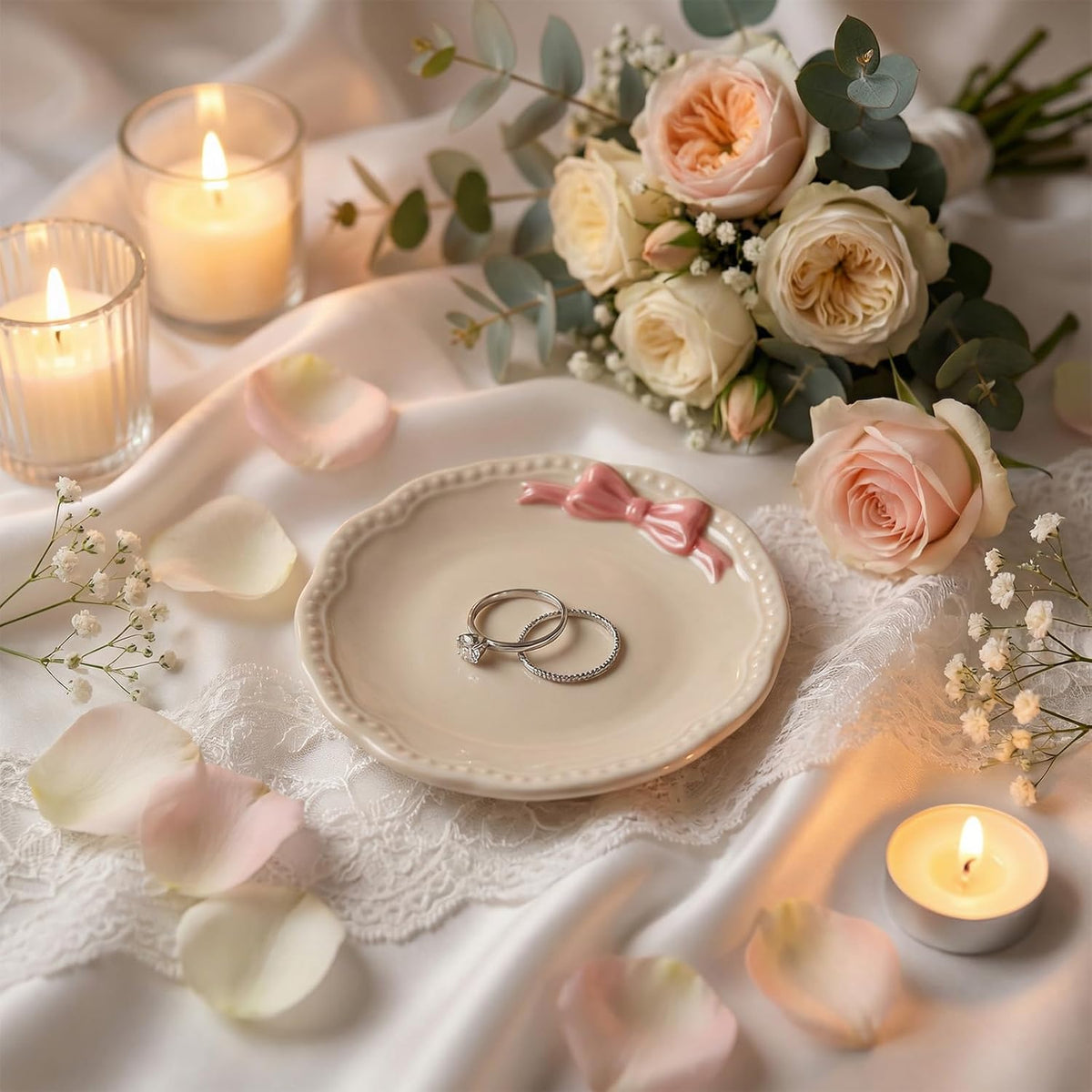 Small Jewelry Dish, Ceramic Ring Holder Dish, Ceramic Jewelry Tray, White with Pink Bow Jewelrys Holder for Women, Small Jewelrys Tray for Vanity