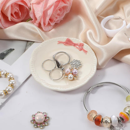 Small Jewelry Dish, Ceramic Ring Holder Dish, Ceramic Jewelry Tray, White with Pink Bow Jewelrys Holder for Women, Small Jewelrys Tray for Vanity
