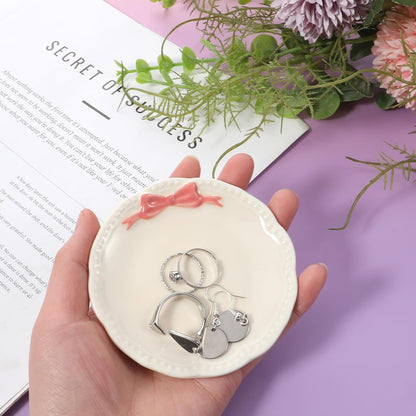 Small Jewelry Dish, Ceramic Ring Holder Dish, Ceramic Jewelry Tray, White with Pink Bow Jewelrys Holder for Women, Small Jewelrys Tray for Vanity
