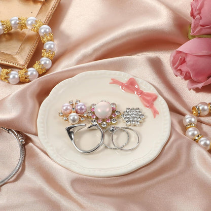 Small Jewelry Dish, Ceramic Ring Holder Dish, Ceramic Jewelry Tray, White with Pink Bow Jewelrys Holder for Women, Small Jewelrys Tray for Vanity