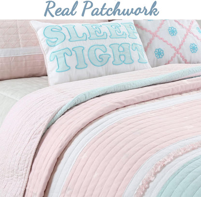 Light Pink Blue Ruffles Girl 100% Cotton Reversible Quilt Bedding Set, Coverlet, Bedspread (Candy, Twin - 2 Piece: 1 Quilt + 1 Sham)