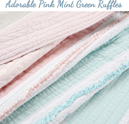 Light Pink Blue Ruffles Girl 100% Cotton Reversible Quilt Bedding Set, Coverlet, Bedspread (Candy, Twin - 2 Piece: 1 Quilt + 1 Sham)