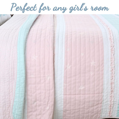 Light Pink Blue Ruffles Girl 100% Cotton Reversible Quilt Bedding Set, Coverlet, Bedspread (Candy, Twin - 2 Piece: 1 Quilt + 1 Sham)