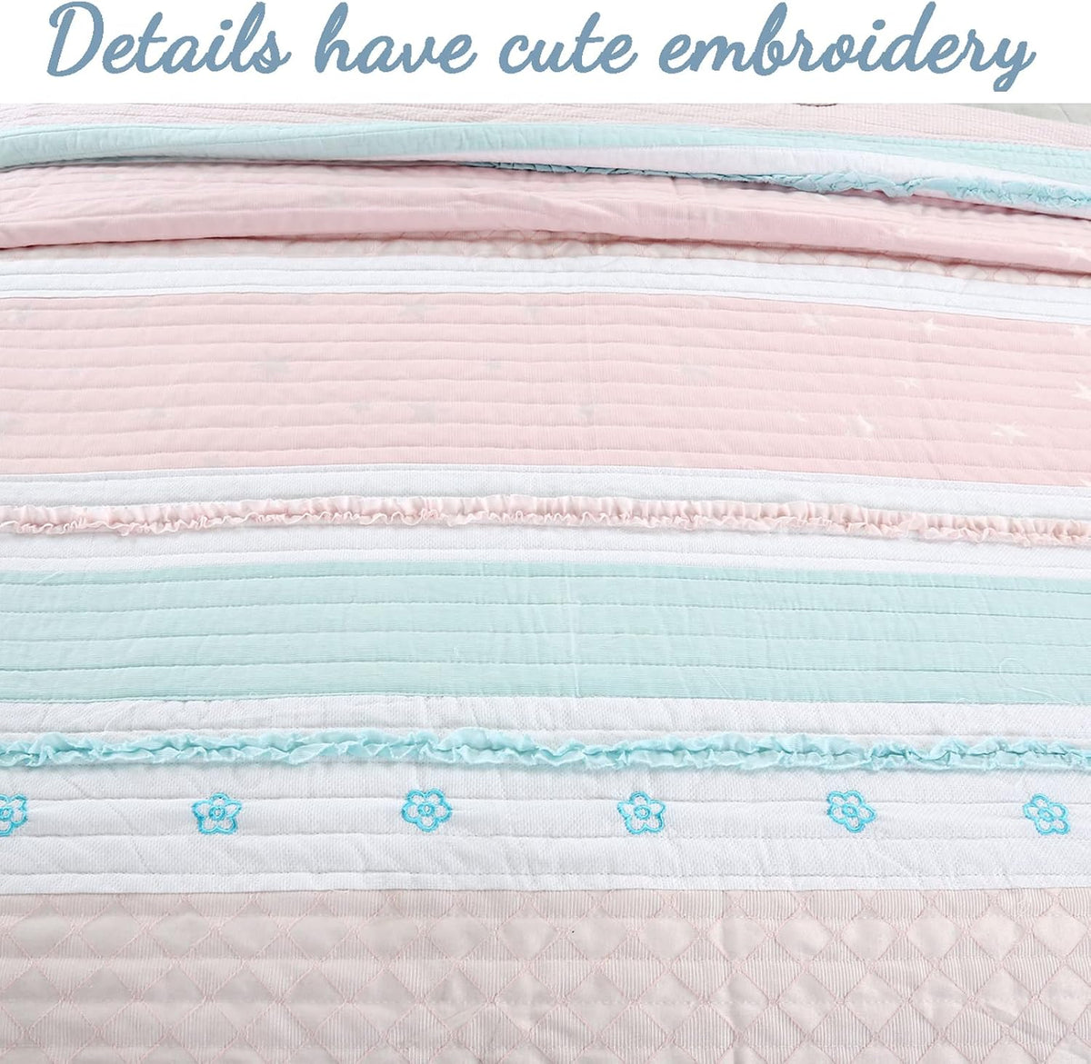 Light Pink Blue Ruffles Girl 100% Cotton Reversible Quilt Bedding Set, Coverlet, Bedspread (Candy, Twin - 2 Piece: 1 Quilt + 1 Sham)