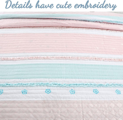 Light Pink Blue Ruffles Girl 100% Cotton Reversible Quilt Bedding Set, Coverlet, Bedspread (Candy, Twin - 2 Piece: 1 Quilt + 1 Sham)
