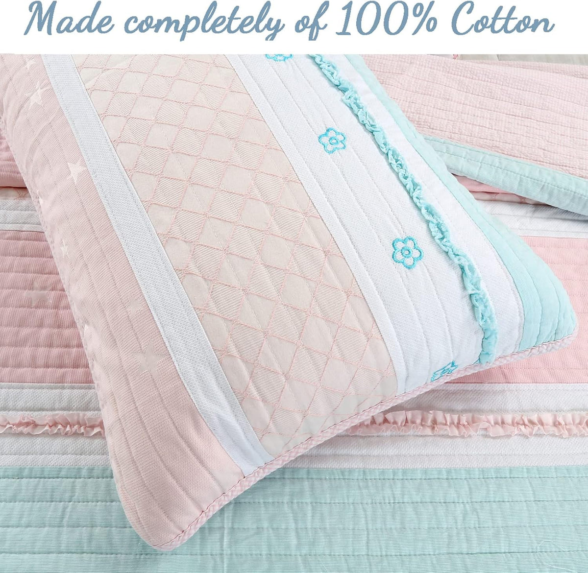 Light Pink Blue Ruffles Girl 100% Cotton Reversible Quilt Bedding Set, Coverlet, Bedspread (Candy, Twin - 2 Piece: 1 Quilt + 1 Sham)