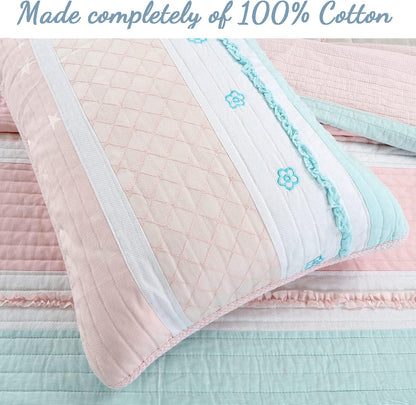 Light Pink Blue Ruffles Girl 100% Cotton Reversible Quilt Bedding Set, Coverlet, Bedspread (Candy, Twin - 2 Piece: 1 Quilt + 1 Sham)