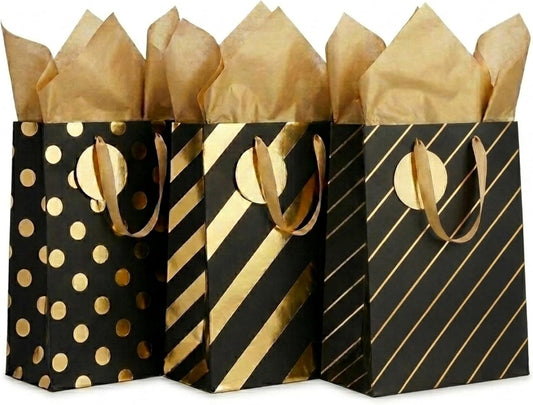 MilkToast Brands 3 Pack Medium Gift Bags Set – Black & Gold Designs (Polka Dot, Stripes) with Tissue Paper & To/From Tags – Premium Birthday, Holiday Gift Wrapping Bags (Black)