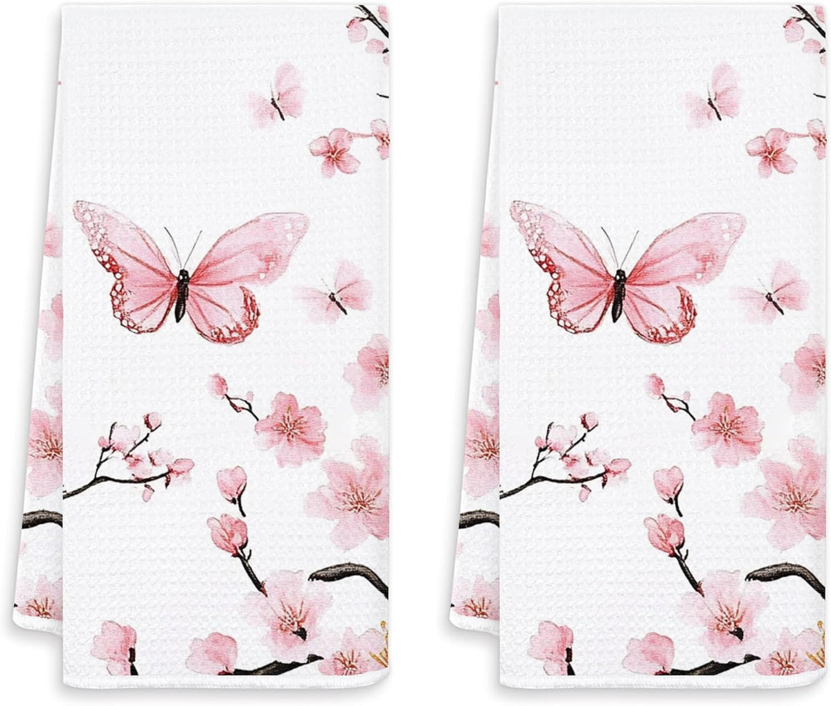 Pink Oriental Cherry Blossom Kitchen Towels Set of 2, Aesthetic Butterfly and Flower Hand Towels for Bathroom Decor, Rustic Pink Floral Dish Tea Towels for Kitchen Decor, 16x24 Inches