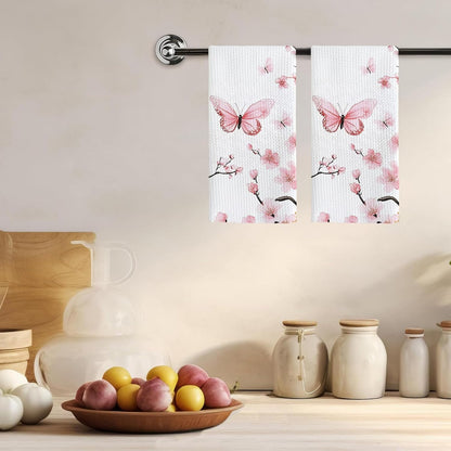 Pink Oriental Cherry Blossom Kitchen Towels Set of 2, Aesthetic Butterfly and Flower Hand Towels for Bathroom Decor, Rustic Pink Floral Dish Tea Towels for Kitchen Decor, 16x24 Inches