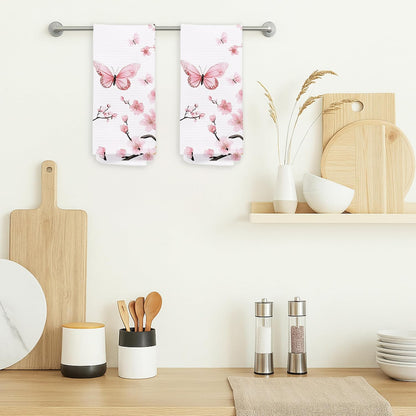 Pink Oriental Cherry Blossom Kitchen Towels Set of 2, Aesthetic Butterfly and Flower Hand Towels for Bathroom Decor, Rustic Pink Floral Dish Tea Towels for Kitchen Decor, 16x24 Inches