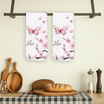 Pink Oriental Cherry Blossom Kitchen Towels Set of 2, Aesthetic Butterfly and Flower Hand Towels for Bathroom Decor, Rustic Pink Floral Dish Tea Towels for Kitchen Decor, 16x24 Inches