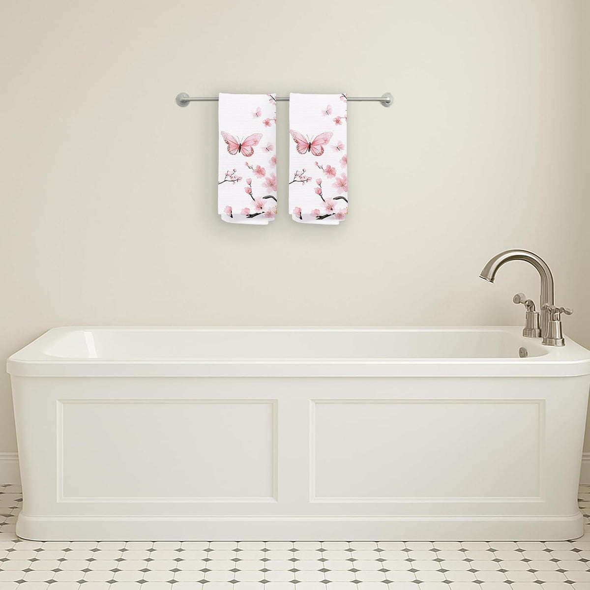 Pink Oriental Cherry Blossom Kitchen Towels Set of 2, Aesthetic Butterfly and Flower Hand Towels for Bathroom Decor, Rustic Pink Floral Dish Tea Towels for Kitchen Decor, 16x24 Inches