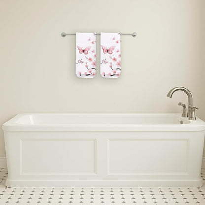 Pink Oriental Cherry Blossom Kitchen Towels Set of 2, Aesthetic Butterfly and Flower Hand Towels for Bathroom Decor, Rustic Pink Floral Dish Tea Towels for Kitchen Decor, 16x24 Inches
