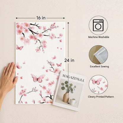Pink Oriental Cherry Blossom Kitchen Towels Set of 2, Aesthetic Butterfly and Flower Hand Towels for Bathroom Decor, Rustic Pink Floral Dish Tea Towels for Kitchen Decor, 16x24 Inches