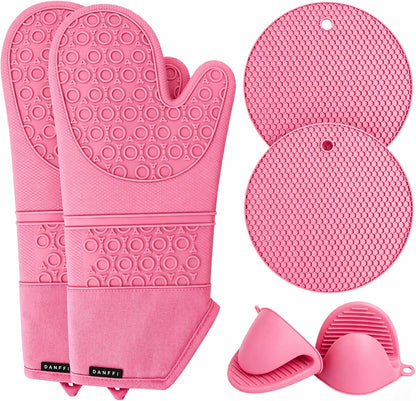 Silicone Oven Mitts and Pot Holders 6 Piece Set, Heat Resistant 500°F Extra Long Oven Gloves with Cotton Lining, Non-Slip BPA-Free Hot Pads and Pinch Mitts for Baking BBQ Cooking (Pink)