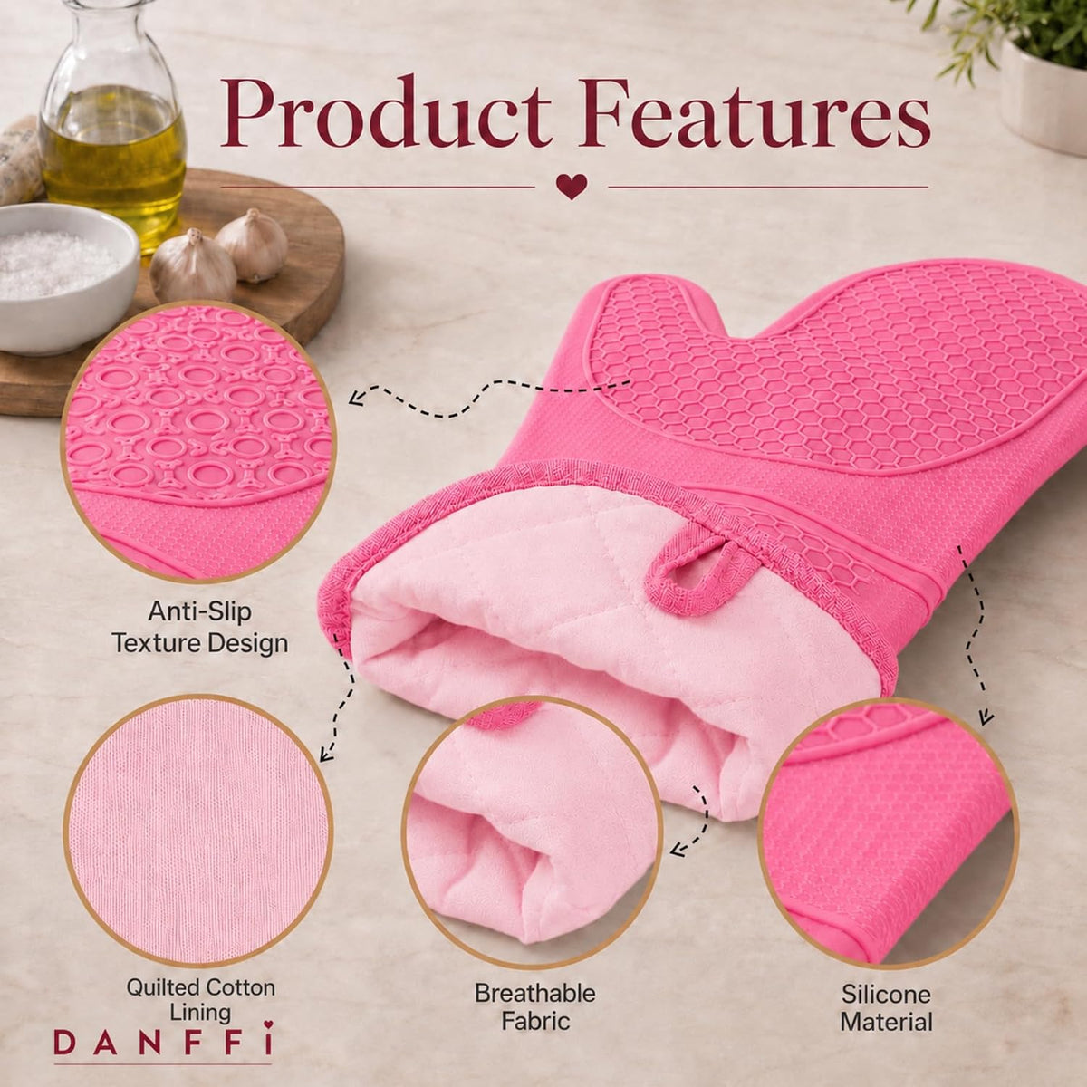 Silicone Oven Mitts and Pot Holders 6 Piece Set, Heat Resistant 500°F Extra Long Oven Gloves with Cotton Lining, Non-Slip BPA-Free Hot Pads and Pinch Mitts for Baking BBQ Cooking (Pink)