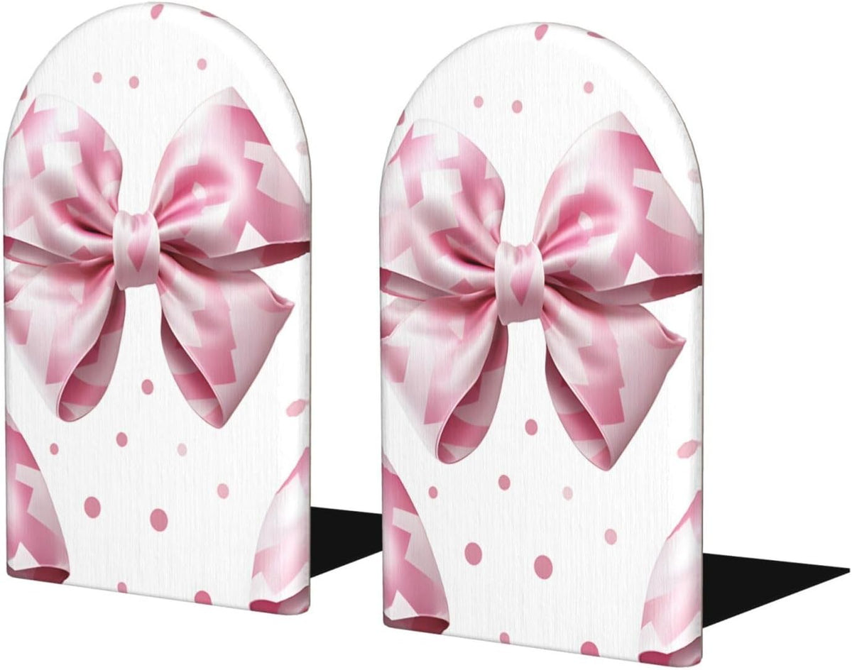 Pink Plaid Bow Decorative Bookends for Shelves Heavy Books 2 Pcs Non Slip Wood Book Ends Stoppers for Kids Room Home Office School Desk Kitchen