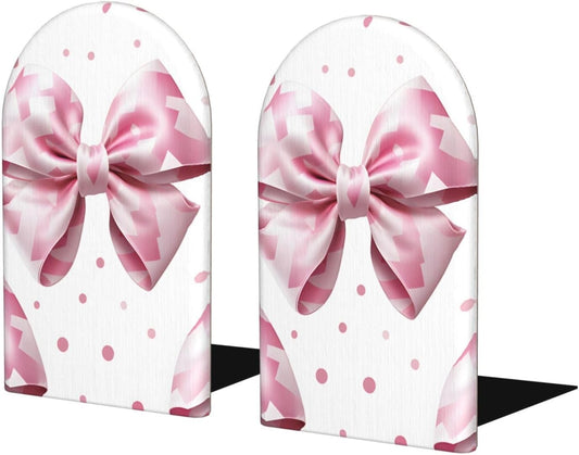 Pink Plaid Bow Decorative Bookends for Shelves Heavy Books 2 Pcs Non Slip Wood Book Ends Stoppers for Kids Room Home Office School Desk Kitchen