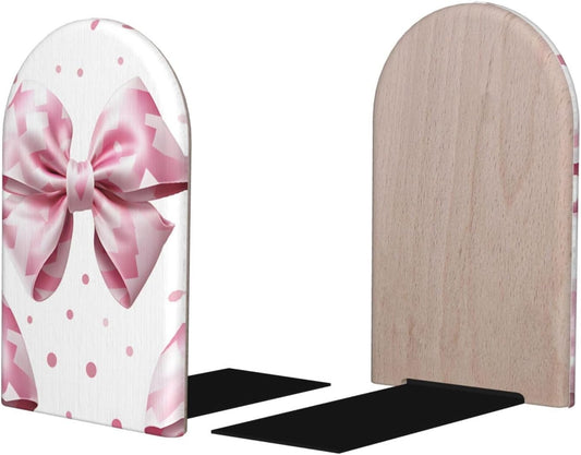 Pink Plaid Bow Decorative Bookends for Shelves Heavy Books 2 Pcs Non Slip Wood Book Ends Stoppers for Kids Room Home Office School Desk Kitchen