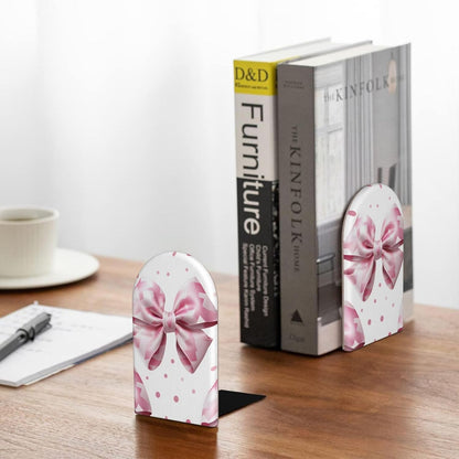 Pink Plaid Bow Decorative Bookends for Shelves Heavy Books 2 Pcs Non Slip Wood Book Ends Stoppers for Kids Room Home Office School Desk Kitchen