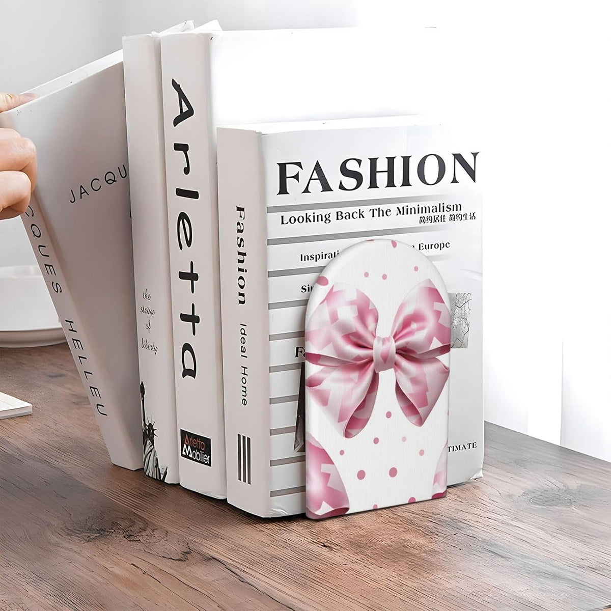 Pink Plaid Bow Decorative Bookends for Shelves Heavy Books 2 Pcs Non Slip Wood Book Ends Stoppers for Kids Room Home Office School Desk Kitchen