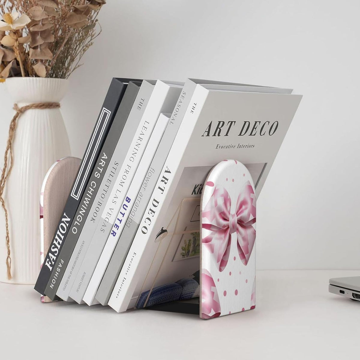 Pink Plaid Bow Decorative Bookends for Shelves Heavy Books 2 Pcs Non Slip Wood Book Ends Stoppers for Kids Room Home Office School Desk Kitchen