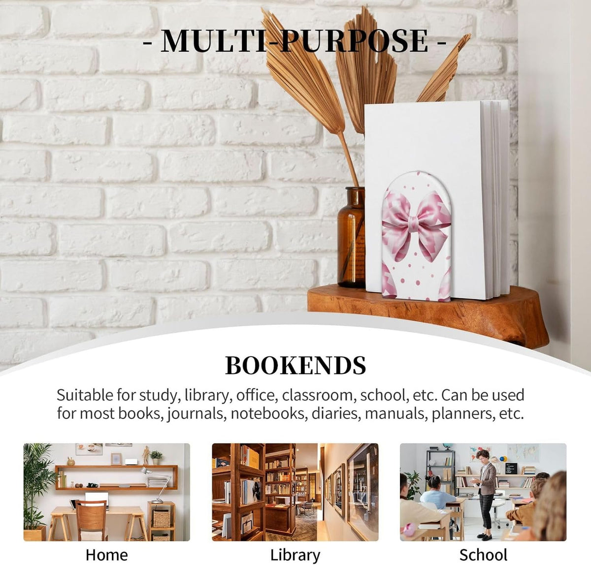 Pink Plaid Bow Decorative Bookends for Shelves Heavy Books 2 Pcs Non Slip Wood Book Ends Stoppers for Kids Room Home Office School Desk Kitchen
