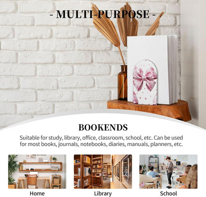 Pink Plaid Bow Decorative Bookends for Shelves Heavy Books 2 Pcs Non Slip Wood Book Ends Stoppers for Kids Room Home Office School Desk Kitchen