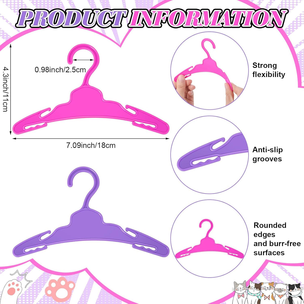 48 Pcs Doll Hangers for 18 inch Doll Clothes, Wide Non-Slip Plastic Pet Clothes Hangers 7 Inch, Mini Hanger Wardrobe Accessories for Small Toys Dogs Cats Clothing (Pink and Purple)
