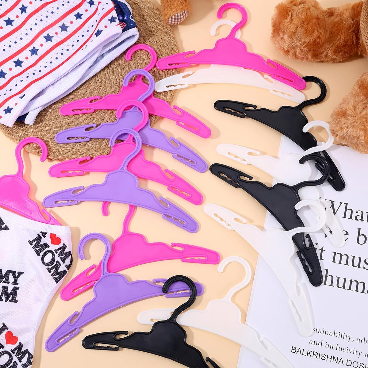 48 Pcs Doll Hangers for 18 inch Doll Clothes, Wide Non-Slip Plastic Pet Clothes Hangers 7 Inch, Mini Hanger Wardrobe Accessories for Small Toys Dogs Cats Clothing (Pink and Purple)