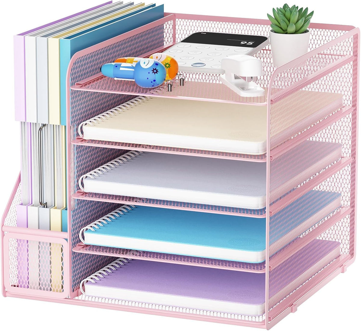 Desk Organizers and Accessories, 5-Tier Paper Letter Tray Organizer with File Holder, Mesh File Organizer, Office Desk Accessories & Organization for Supplies (Pink)